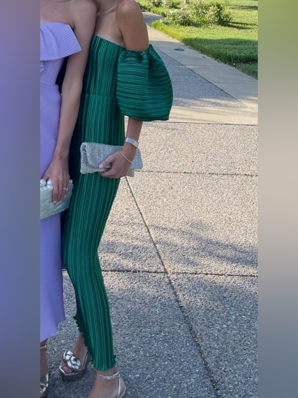 Strapless Emerald Green Pleated Midi Dress with Statement Puff Sleeves - Picture 2 of 6